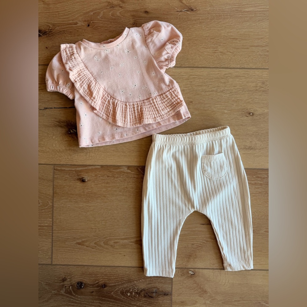 Pink Floral Ruffled Top and Cream Ribbed Pants Set